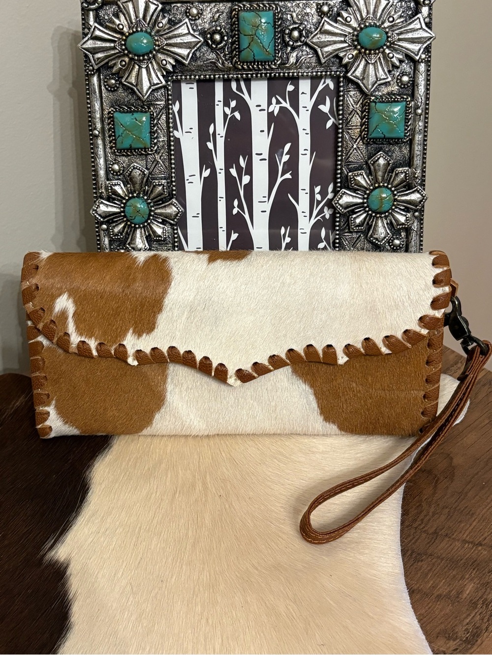 Brown & White Cowhide Wristlet Clutch